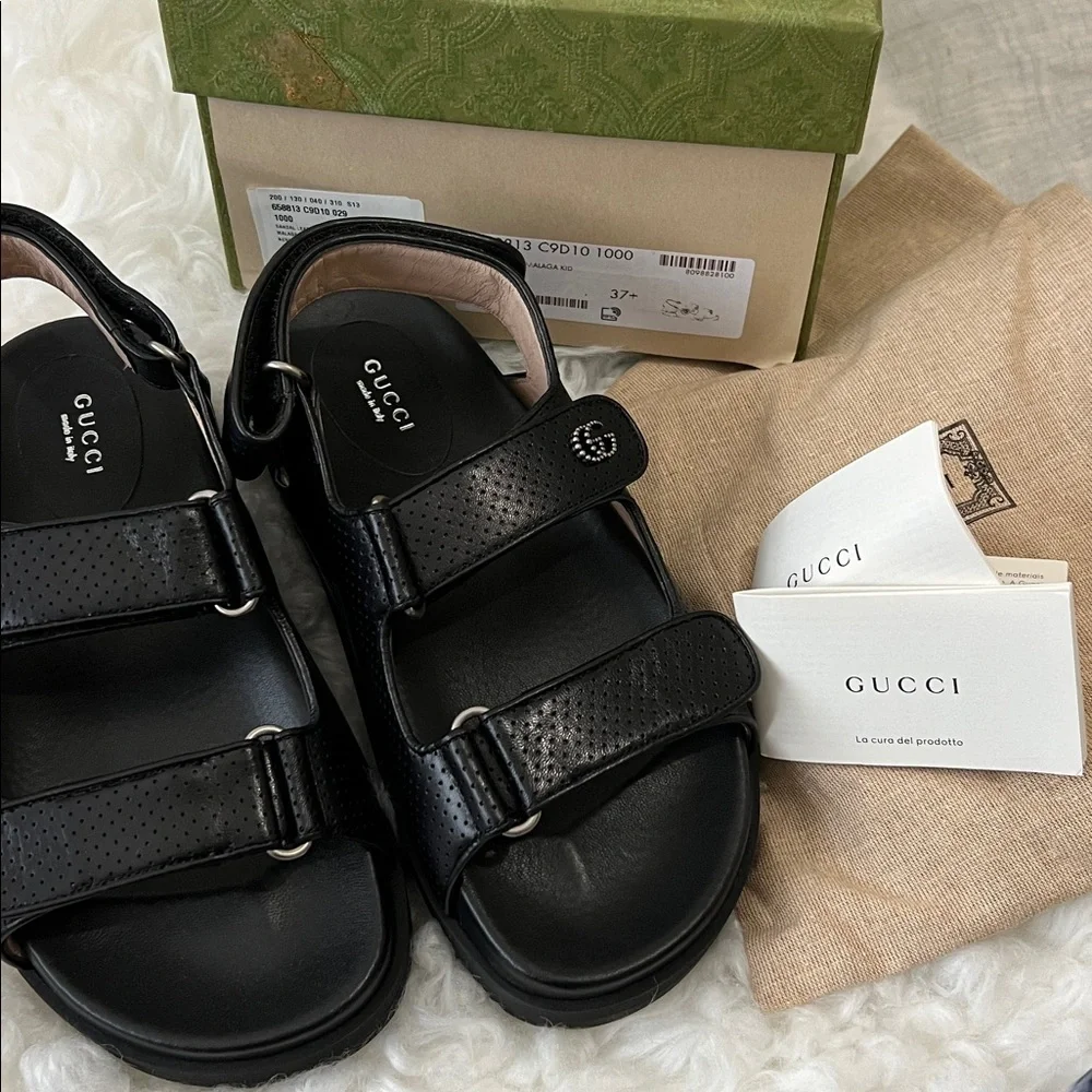 NWT Gucci Women’s Malaga Black Leather Sandals - Dad Sandals 37.5